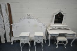 A WHITE PAINTED FRENCH FIVE PIECE BEDROOM SUITE, comprising a dressing table, with a single swing