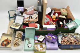 A LARGE BOX OF ASSORTED ITEMS, to include an 'Estee Lauder' fob style compact, together with