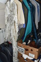 FOUR BOXES AND LOOSE LADIES' CLOTHING AND ACCESSORIES, to include coats, jackets, a vintage