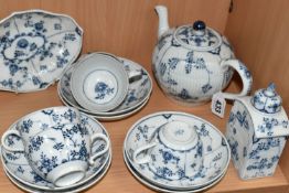 A MEISSEN BLUE ONION PATTERN PART TEA SET, comprising a teapot, five tea cups, six saucers (two