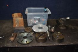 A COLLECTION OF LATHE ACCESSORIES including an Elliot 3 jaw chuck, a Pratt 4 independent jaw