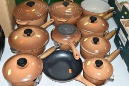 TEN PIECES OF LE CREUSET CAST IRON COOKWARE, all with a cinnamon exterior, comprising a 27cm/4.1l