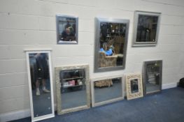 A SELECTION OF MODERN WALL MIRRORS, to include a silver rectangular bevelled edge wall mirror,