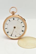 A YELLOW METAL OPEN FACE POCKET WATCH, AF, manual wind missing crown, missing hand, Perspex cover