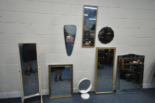 A SELECTION OF VARIOUS MIRRORS, to include a bevelled framed mirror, with a metal back, 81cm x