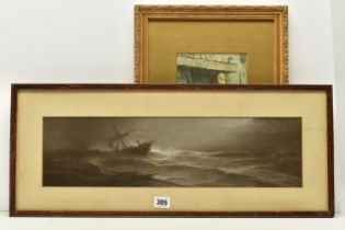 AN EARLY 20TH CENTURY COASTAL SHIPWRECK SCENE, depicting a ship foundering in stormy seas at