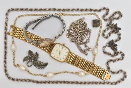 ASSORTED JEWELLERY AND WATCHES, to include a silver marcasite floral brooch, stamped silver,