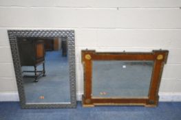 A 19TH CENTURY WALNUT AND GILT WALL MIRROR, with outset corners and bevelled edge plate, 105cm x