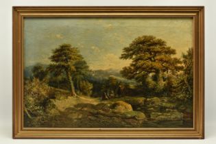 A LATE 19TH CENTURY ENGLISH SCHOOL LANDSCAPE WITH FIGURES, two female figures are camped within a