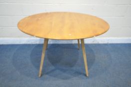 AN ERCOL ELM AND BEECH OVAL DINING TABLE, with drop ends, on square tapered legs, open length