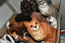 ONE BOX OF CAT AND DOG FIGURINES, to include two large Beswick cats impressed mark to base 1867, a