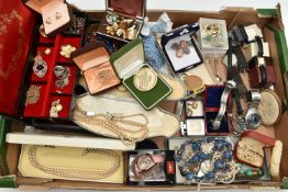 A BOX OF ASSORTED ITEMS, to include a jewellery box with costume jewellery, fashion wristwatches,