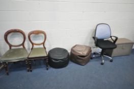 TWO VICTORIAN BALLOON BACK CHAIRS, two small bean bags, a swivel office chair and an ottoman (