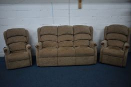 A HSL BROWN UPHOLSTERED THREE PIECE SUITE, comprising a three seater settee, length 175cm x depth