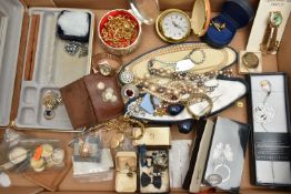 A BOX OF ASSORTED ITEMS, to include a jewellery box with costume jewellery, a cased imitation