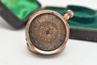 A LADYS CASED, ROSE METAL OPEN FACE POCKET WATCH, AF, manual wind, round discoloured floral dial,