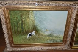 A LATE 20TH CENTURY LANDSCAPE, depicting a dog flushing game birds from cover, indistinctly signed