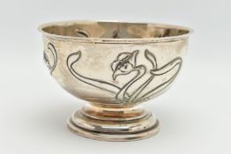 AN EDWARD VII SILVER ROSE BOWL, a circular form bowl with an embossed art nouveau floral design,