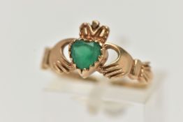 A 9CT GOLD GEM SET CLADDAGH RING, the heart shape green gem, assessed as dyed chalcedony to the