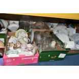SEVEN BOXES OF CERAMICS AND GLASSWARE, to include four clear glass dessert sets, cake stand, bon-bon