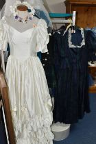 A GROUP OF 1980S WEDDING OUTFITS, to include two bespoke shot silk bridesmaid dresses in black, dark