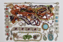 AN ASSORTMENT OF JEWELLERY, to include ten semi-precious beaded necklaces, gemstones to include