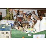 THREE BOXES OF CERAMICS AND ORNAMENTS, to include a quantity of bird figurines, tea light holders to