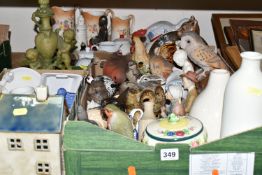 THREE BOXES OF CERAMICS AND ORNAMENTS, to include a quantity of bird figurines, tea light holders to