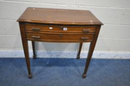 A 20TH CENTURY OAK BOW FRONT TWO DRAWER CUTLERY CABINET, on square tapered legs and spade feet,