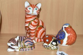 FOUR ROYAL CROWN DERBY PAPERWEIGHTS, comprising Ginger Tom, Sleeping Kitten, Robin and Ladybird -