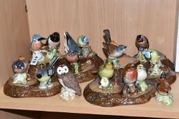 A COLLECTION OF BESWICK BIRDS WITH TWO DISPLAY STANDS, fifteen birds comprising Kingfisher 3275,