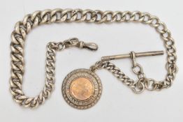 AN EARLY 20TH CENTURY SILVER ALBERT CHAIN, the graduated curb link chain with lobster clasp