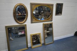 A SELECTION OF GILT FRAMED WALL MIRRORS, to include a rectangular, with foliate detail and a central