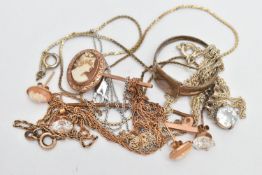 A SMALL BOX OF JEWELLERY, to include an AF rose metal cameo brooch, unmarked, broken, an AF fine