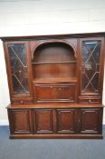 A LARGE MODERN MAHOGANY WALL CABINET, the top with two glazed doors, two drawers and a fall front