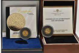 2008 25 YEAR ANNIVERSARY GOLD ANGEL COIN 1/20th OUNCE BOXED WITH CERTIFICATE, together with a 2008