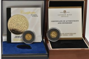 2008 25 YEAR ANNIVERSARY GOLD ANGEL COIN 1/20th OUNCE BOXED WITH CERTIFICATE, together with a 2008