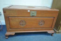A 20TH CENTURY CAMPHORWOOD BLANKET CHEST, with carved Shou symbols to front and top, with brass