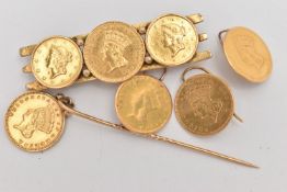 A SELECTION OF MOUNTED COINS, to include a bar brooch set with a central Indian Princess head 1