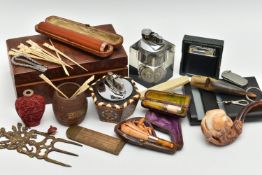 A BOX OF SMOKING RELATED AND OTHER COLLECTABLES, including a cased cigar holder with 9ct mount,