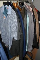 A BOX AND LOOSE MEN'S CLOTHING, to include coats, jackets, an Aston Villa fleece, shoes, knitwear