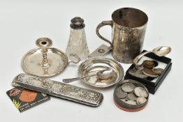 A SMALL BOX OF SILVER AND ITEMS, to include a late Victorian silver bed chamber candle stich holder,