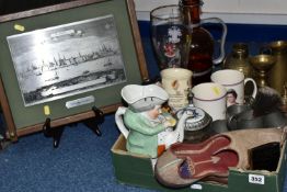 ONE BOX OF MISCELLANEOUS SUNDRIES, to include a Staffordshire 'Snuff-Taker' teapot (missing lid,