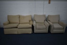 A BEIGE UPHOLSTERED TWO SEATER SETTEE, length 161cm, and a similar pair of beige upholstered