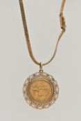 A FULL SOVEREIGN PENDANT NECKLACE, the 1967 sovereign within a scrolling rope twist mount