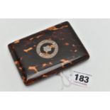 A VICTORIAN TORTOISESHELL AND SILVER INLAID CARD CASE, the front with shield shaped cartouche