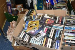 FIVE BOXES AND LOOSE DVDS, CASSETTE TAPES, GAMES, PICTURES AND SUNDRY ITEMS, to include