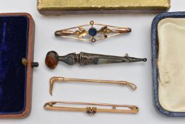 FOUR EARLY 20TH CENTURY BROOCHES, the first a bar brooch centrally set with a circular pink and blue