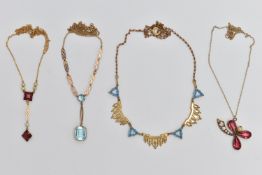 FOUR EARLY 20TH CENTURY PASTE NECKLACES, the first a yellow metal art deco blue paste necklace,