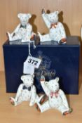 TWO PAIRS OF ROYAL CROWN DERBY MINIATURE TEDDY BEARS 'JAMES AND EMMA', one pair is boxed, produced